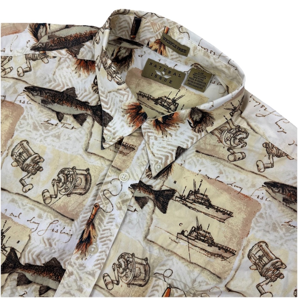 NATURAL ISSUE Mens Short Sleeve Button down Shirt Lures/Fishing - L